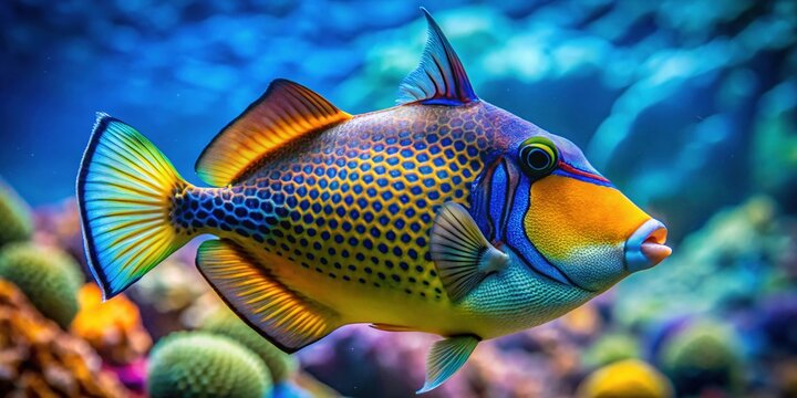 Vibrant Double Exposure: Triggerfish Closeup & Ocean Coral