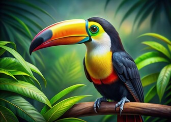 Fototapeta premium Vibrant Toucan Portrait: Ramphastos Tucanus in Lush Rainforest Setting