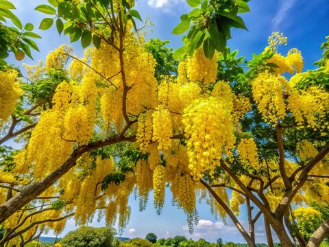 Vibrant Yellow Ratchaphruek Tree in Full Bloom - Copy Space
