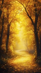 Fototapeta premium Winding autumn road through a forest of goldenyellow trees Sunlight beams through the branches creating a glowing carpet of leaves that leads the eye into the forest's depth