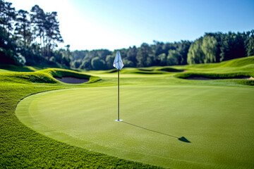 Sunlit golf green with flagstick casting a shadow on a clear day