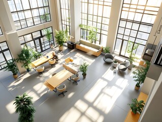 A spacious, modern coworking space with various seating arrangements, plants, and large windows that let in abundant natural light.