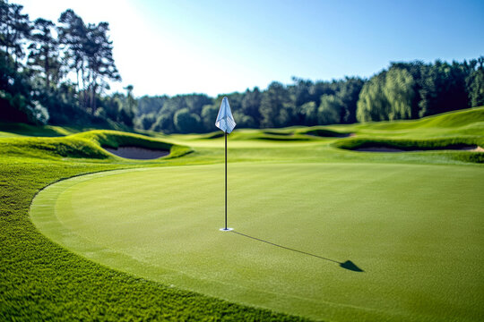 Sunlit golf green with flagstick casting a shadow on a clear day