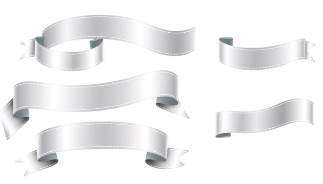 Set of Blank Silver Ribbons for Design. A collection of five silver ribbons various lengths and curves perfect for adding a touch of elegance to graphic designs