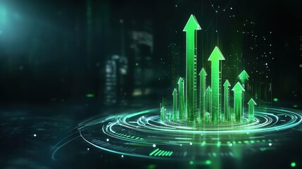 Abstract visualization of growth, green upward arrows and bar graphs floating in space, futuristic vibe