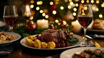 A table with a Christmas dinner and a glass of wine