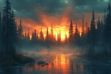 Colorful Forest Sunset Over Misty River