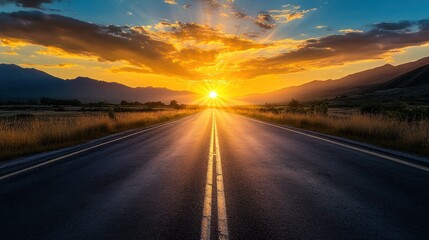 Sunset road trip, mountains background, scenic drive