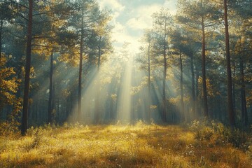 Obraz premium Golden Sunlight Through Forest Trees