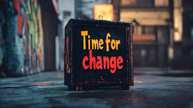 Message on a street box encourages community to embrace change and innovation in urban art setting during evening hours