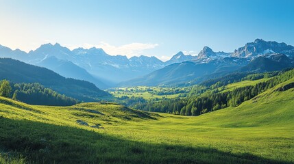 Sunny Alpine valley meadow, mountains backdrop, idyllic landscape, nature travel