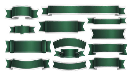 Elegant Green Ribbons and Banners Set for Design. A collection of various shapes and styles of decorative green ribbons and banners featuring a white stitching detail