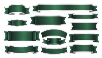 Elegant Green Ribbons and Banners Set for Design. A collection of various shapes and styles of decorative green ribbons and banners featuring a white stitching detail