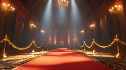 A luxurious red carpet with gleaming gold chain barriers, set in a grand venue, awaiting the arrival of distinguished guests under spotlight illumination