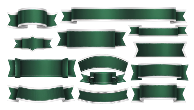 Elegant Green Ribbons and Banners Set for Design. A collection of various shapes and styles of decorative green ribbons and banners featuring a white stitching detail