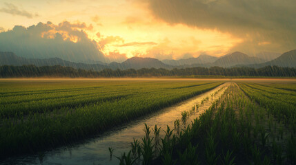Obraz premium Soybean fields at sunrise with soft monsoon rain, creating a peaceful, natural agricultural landscape.