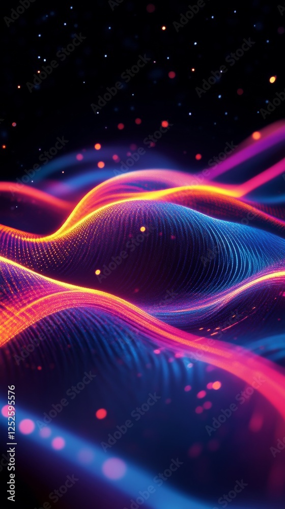 Poster vibrant abstract neon wave patterns in digital art, futuristic design concept