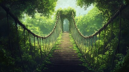 Fototapeta premium Suspension bridge surrounded by lush green forest