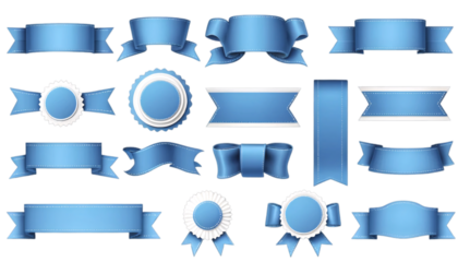 Set of Realistic Light Blue Ribbons and Awards. This image features a collection of various light blue ribbons and awards in different shapes and styles including banners/bows and rosettes