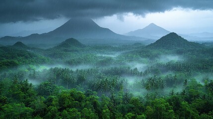 Misty Rainforest Landscape With Mountains Under Dramatic Rain Clouds