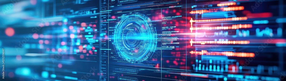 Poster futuristic interface displaying advanced technology concepts in a high-tech environment with neon ac
