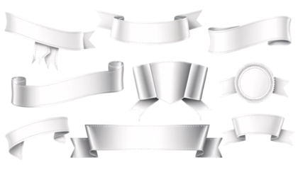 Elegant White and Silver Ribbons and Banners Set for Design. A collection of various white and silver ribbons/banners and bows suitable for design projects