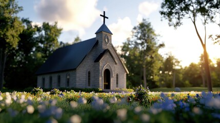 A small church with a cross on top of it is surrounded by a field of flowers