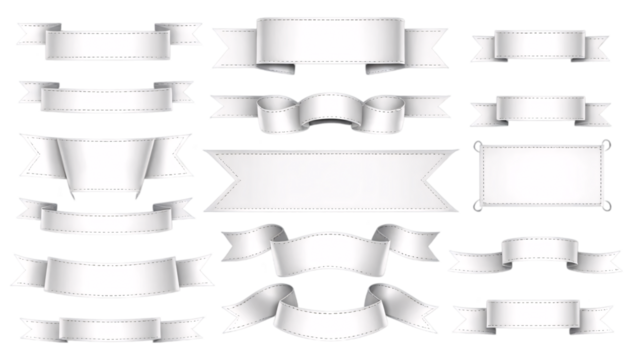 Set of Realistic White Ribbons for Design Projects. A collection of various white ribbon shapes ideal for graphic design/web design or print projects