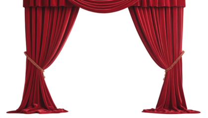Luxurious Red Velvet Stage Curtains Against a White Wall. A dramatic image of a pair of deep red velvet curtains accented with decorative gold trim draped on a white wall