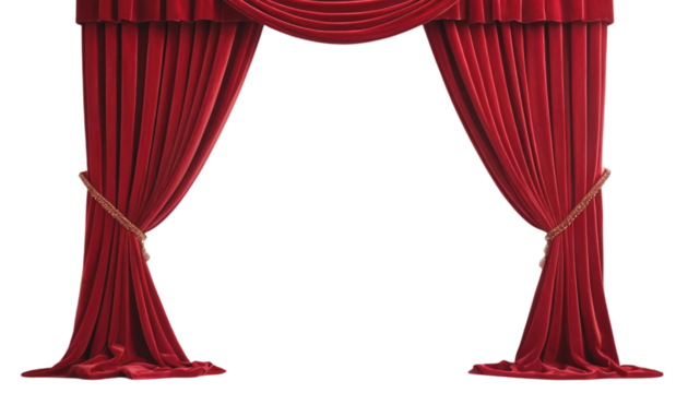 Luxurious Red Velvet Stage Curtains Against a White Wall. A dramatic image of a pair of deep red velvet curtains accented with decorative gold trim draped on a white wall
