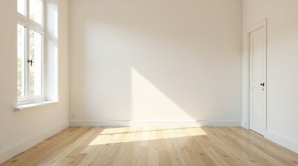 Bright Sunlight Illuminates an Empty Room with Hardwood Floors and a Single Window