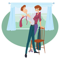 Beautiful woman cheerful man getting ready work morning.