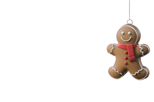 Festive Gingerbread Man Ornament on a PNG/Transparent Background. A 3D rendered gingerbread man ornament complete with a red scarf and icing details hangs suspended against PNG/Transparent Background