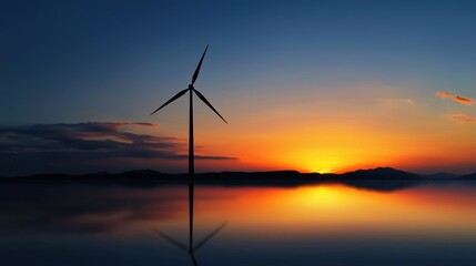 Obraz premium A wind turbine is standing in the water at sunset