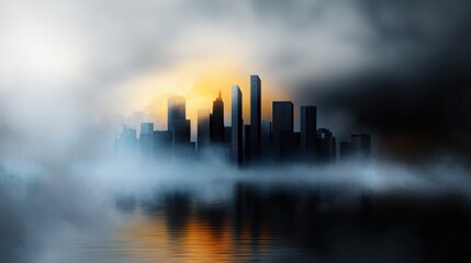 A city skyline is reflected in the water, with a foggy atmosphere