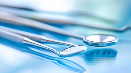 Dental tools on a blue surface with blurred background