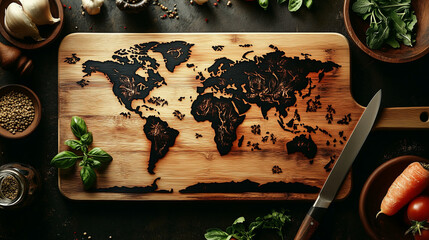 A stunning world map engraved on a rustic wooden cutting board with spices and vegetables, inspiring creativity in the kitchen and offering a blend of culinary art and decor.