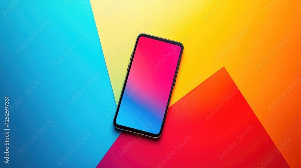 Poster a modern smartphone displayed against a vibrant, multicolor background, showcasing the sleek design 