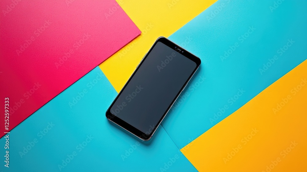 Poster a modern smartphone displayed against a vibrant, multicolor background, showcasing the sleek design 