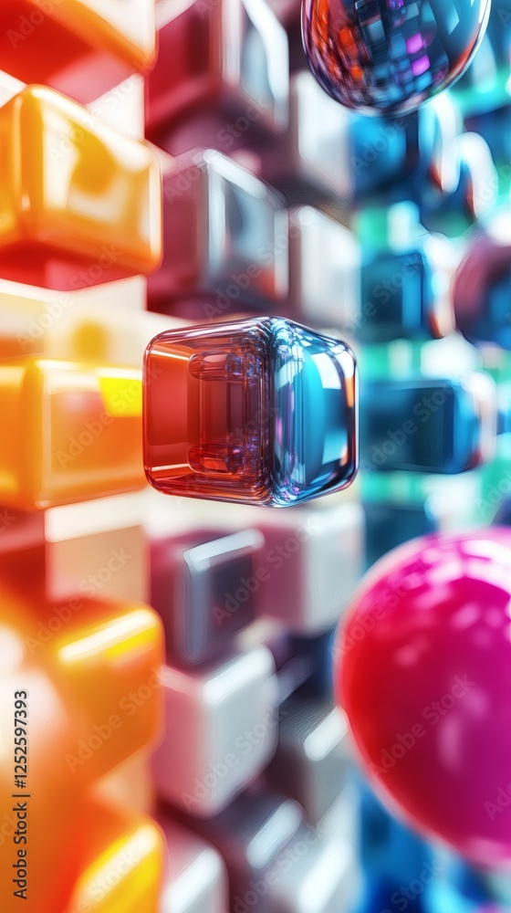 Poster abstract 3d background featuring floating spheres cubes with smooth surfaces arranged in a pattern o