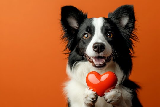 Collie - my preferred dog. Commercial idea. Cute collie doggy with diamond red heart - sign of love, funny greeting card. Love and devotion. Valentine's day pet love. Red heart dog moments.
