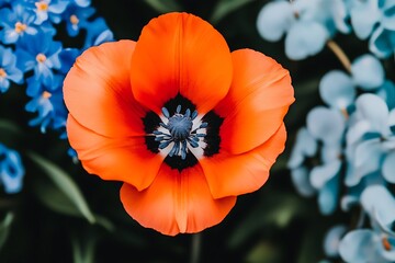 Close up of a vibrant orange poppy flower with a dark center, surrounded by soft blue forget me nots and other blurred flowers. Soft focus on the poppy, with a slightly darker background that