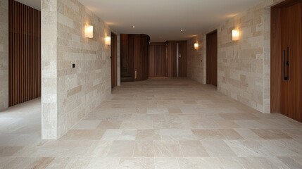 Obraz premium Modern building hallway; stone walls, tiled floor. Architecture, interior design