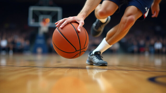 basketball player dribbling the ball on a court.