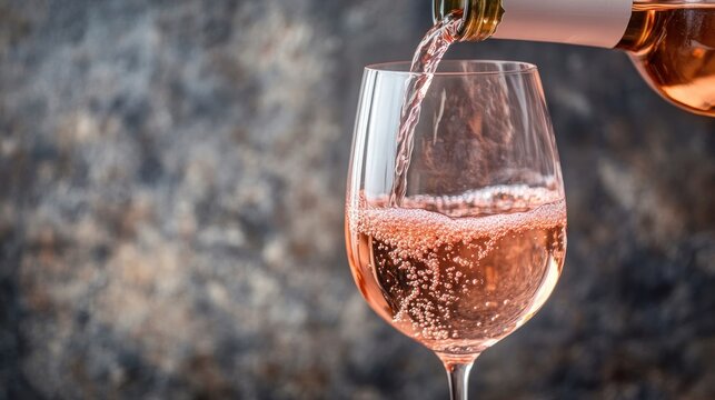 Rose wine pouring into glass, textured background