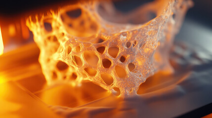 A macro shot of a 3D printer in action to create a complex geometric shape