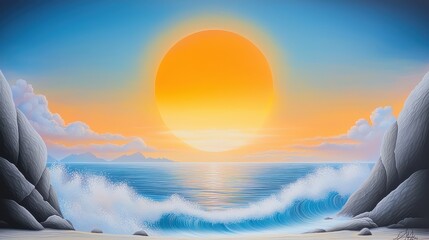 Sunset view from a cliffside, waves crashing below, vibrant orange sun touching the horizon