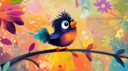A playful cartoon bird with a cheeky expression, perched on a branch against a cheerful, colorful children background full of shapes and joy