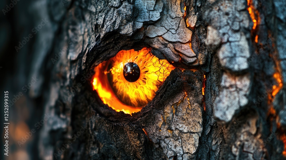 Poster a powerful close-up of tree bark with an eye reflecting the intensity of a forest fire, capturing th