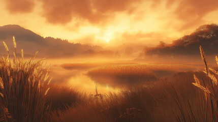 Fototapeta premium Majestic wheat fields at sunrise, with mist creeping through the golden crops.